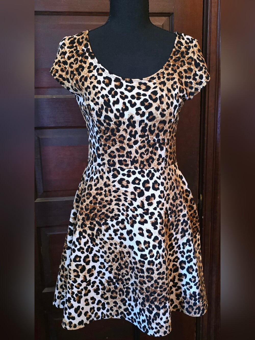 Vibe Leopard Print Fit-and-Flare Dress in Brown, Black, White